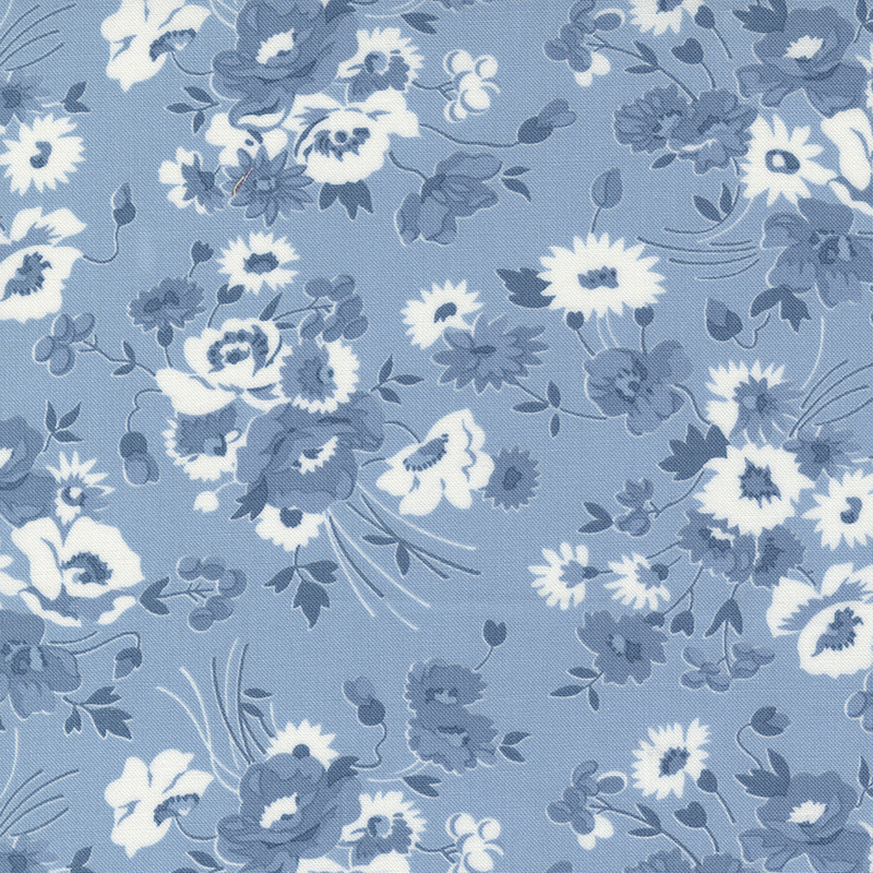 A fabric pattern featuring various white and blue flowers on a blue background.