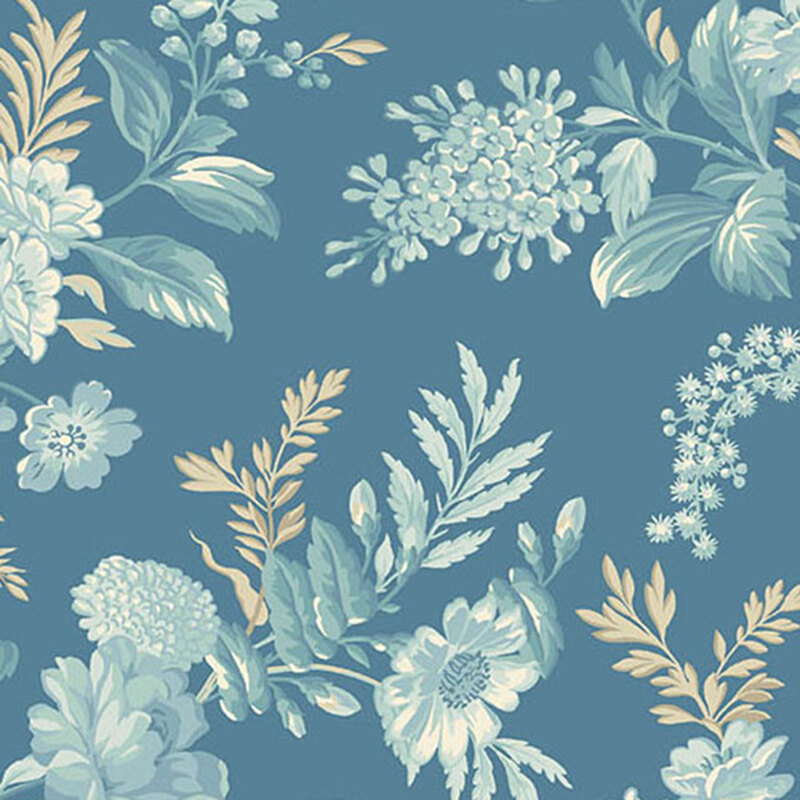 Floral pattern in soft blue and cream on a solid teal background, featuring various flowers and leaves.