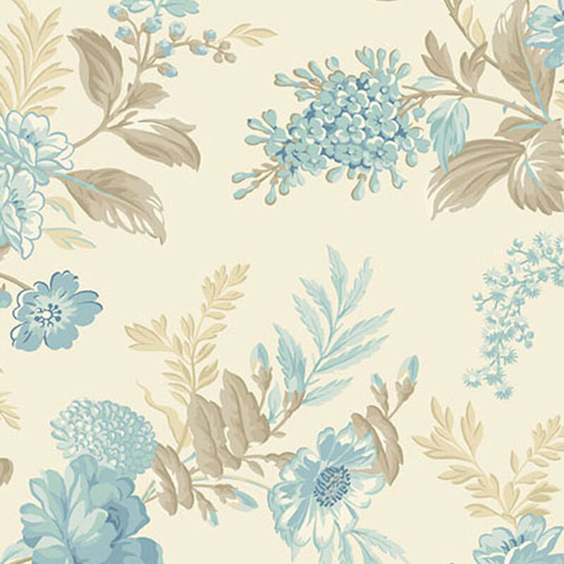 Floral pattern featuring blue and beige flowers on a light cream background.