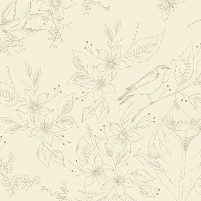 Lightly sketched floral pattern with a bird among flowers on a soft beige background.