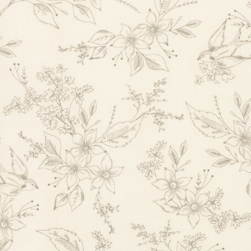 Lightly sketched floral pattern with a bird among flowers on a soft beige background.