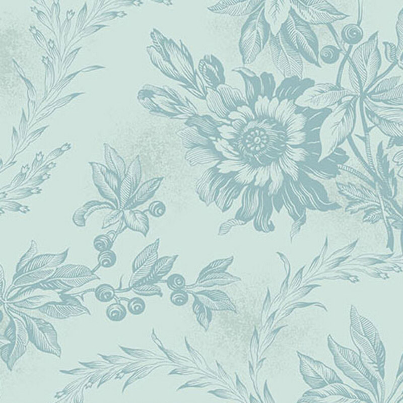 Floral pattern with light blue flowers and leaves on a soft blue background.