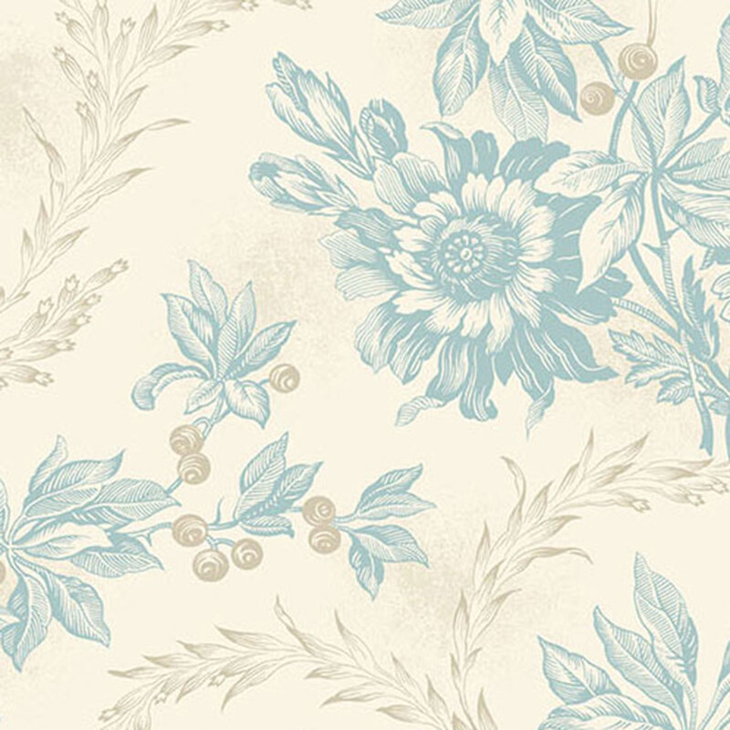 Lightly patterned wallpaper featuring blue floral designs on a cream background.