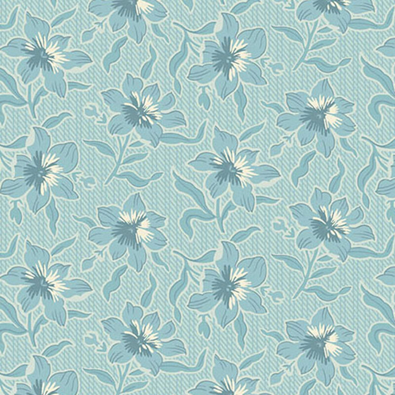 Light blue background with intricate floral pattern featuring large blossoms and green leaves.