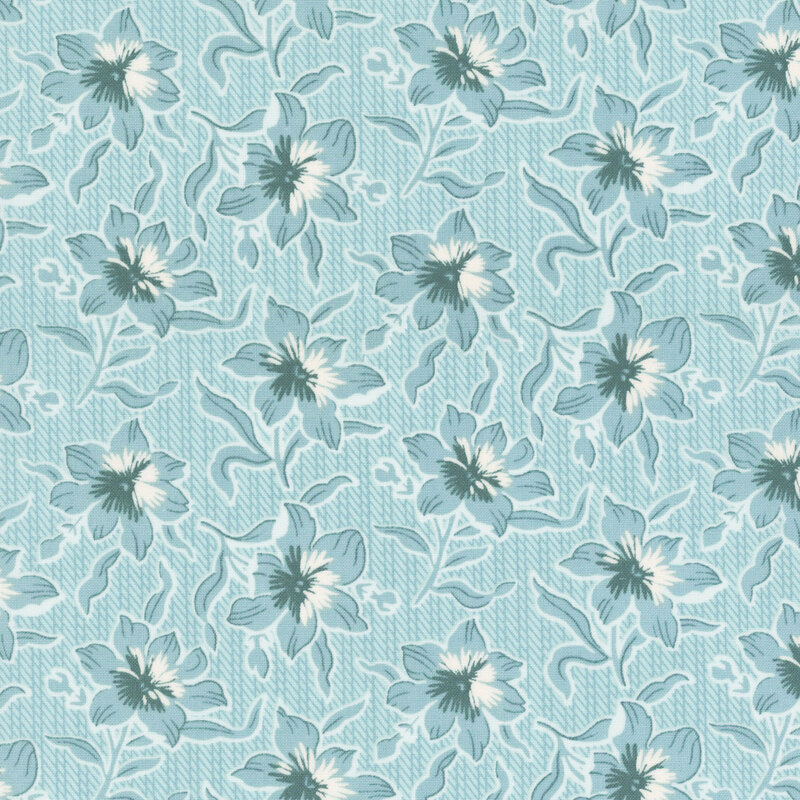 Light blue background with intricate floral pattern featuring large blossoms and green leaves.