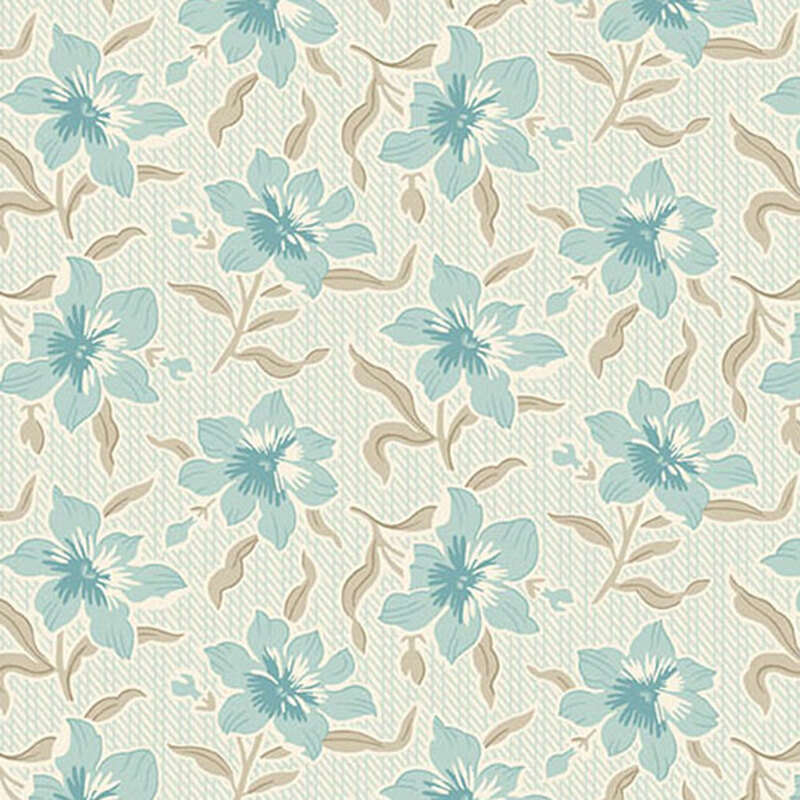 Floral pattern featuring blue flowers and beige leaves on a light textured background.