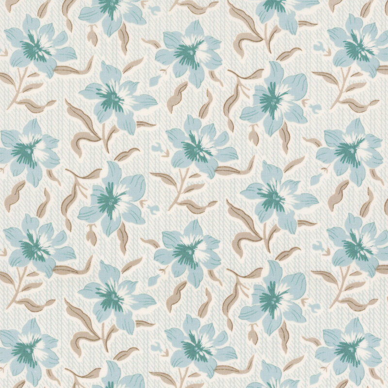 Floral pattern featuring blue flowers and beige leaves on a light textured background.