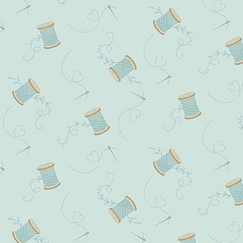 Pattern of sewing spools and needles on a light blue background, accented with swirling threads.