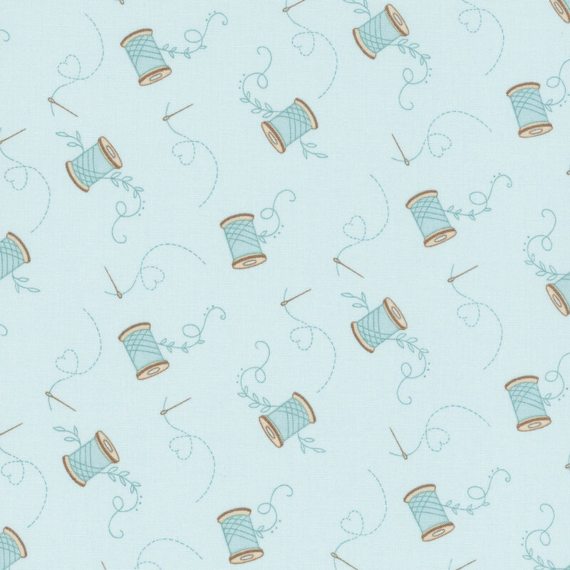 Pattern of sewing spools and needles on a light blue background, accented with swirling threads.
