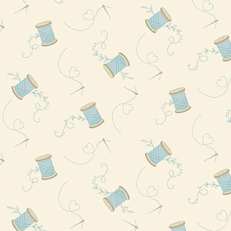 Light beige background featuring a pattern of blue thread spools, hearts, and swirling sewing lines.