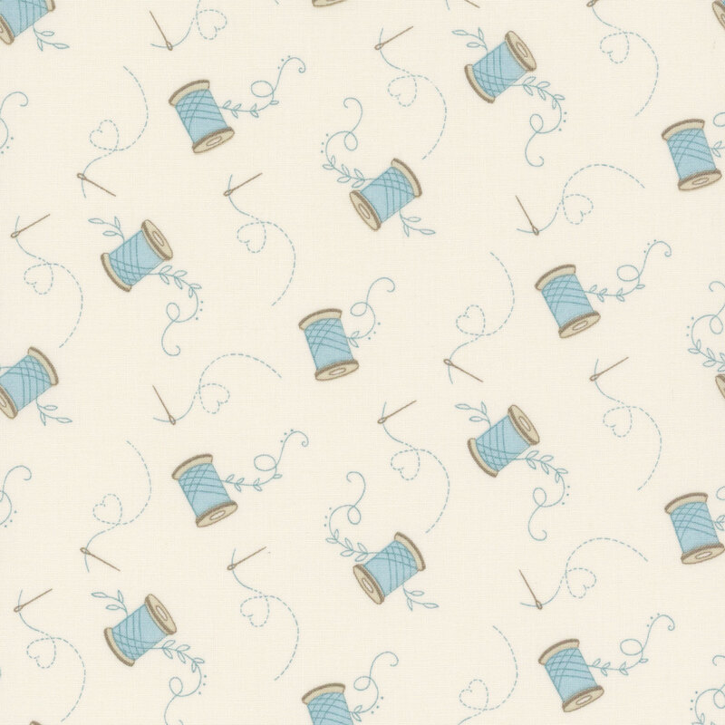 Light beige background featuring a pattern of blue thread spools, hearts, and swirling sewing lines.
