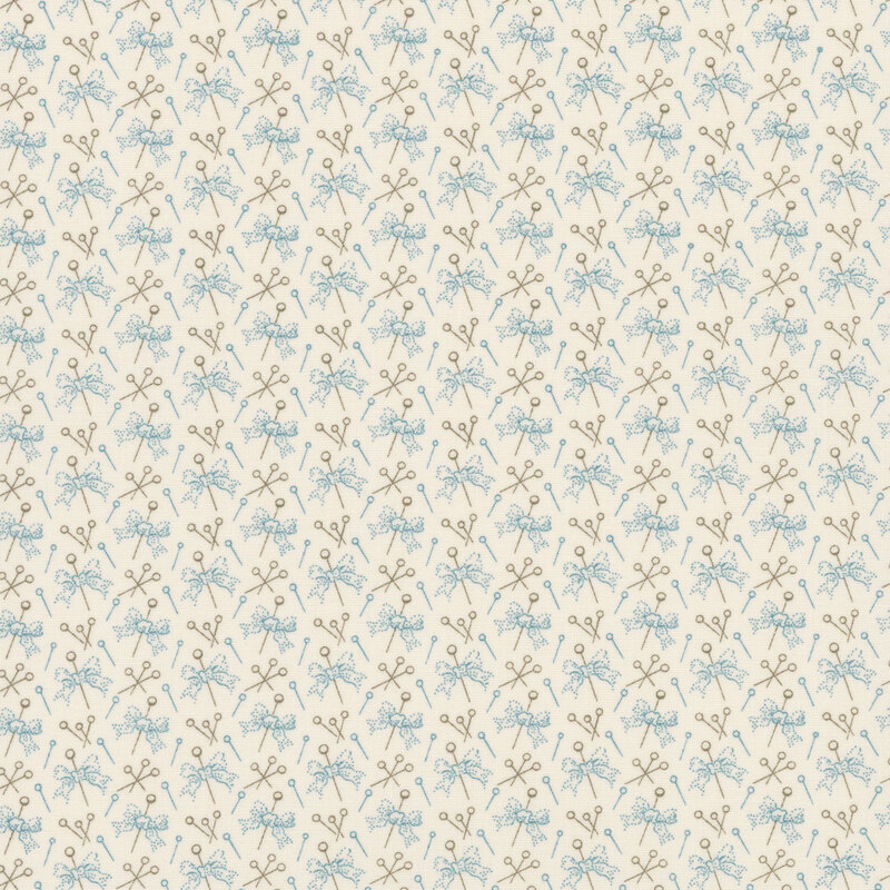 Light cream patterned background with delicate blue floral designs and leaves.