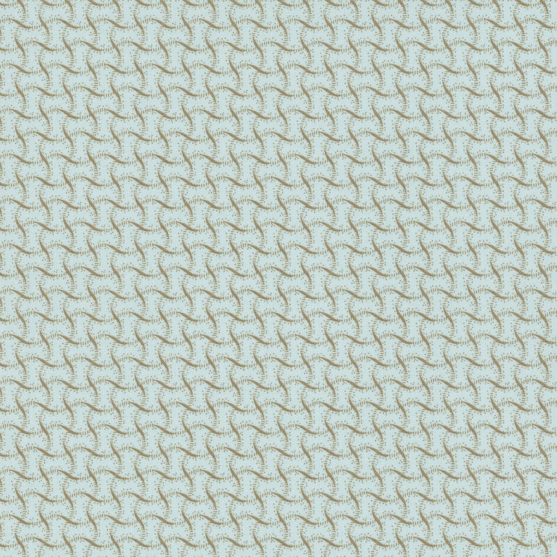 Light aqua fabric with a repetitive wave pattern in a geometric design.
