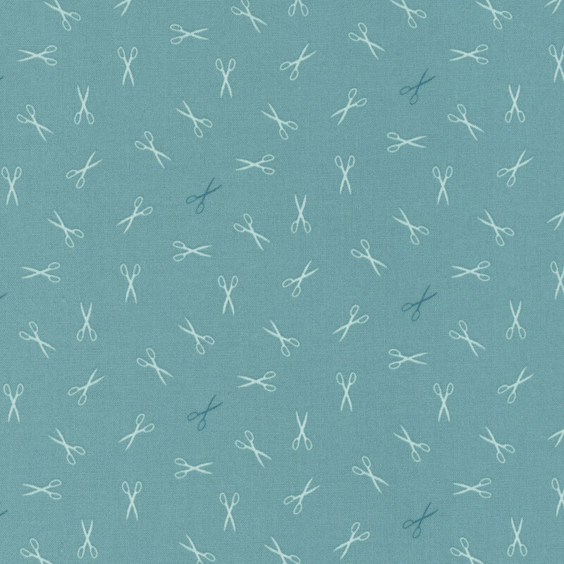 Pattern of light and dark blue scissors scattered on a teal fabric.