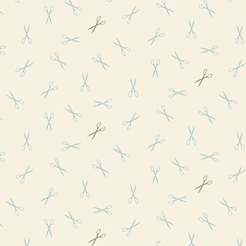 Repeating pattern of blue and green scissors on a light beige fabric.