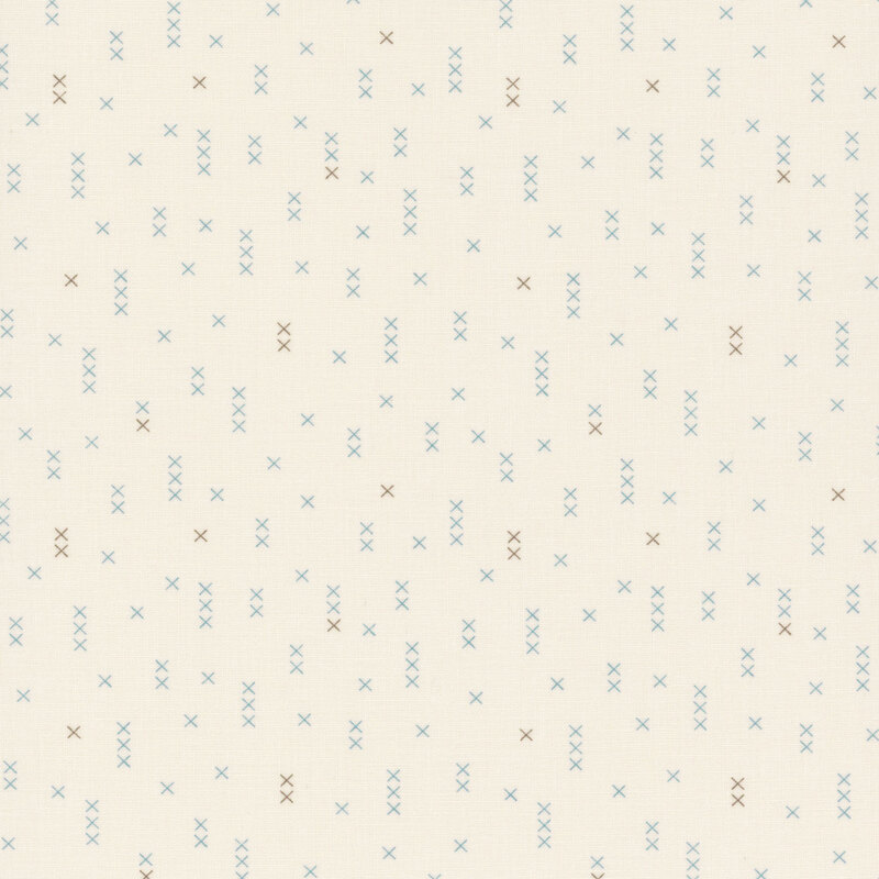 A fabric pattern featuring scattered light blue and brown X shapes on a cream background.