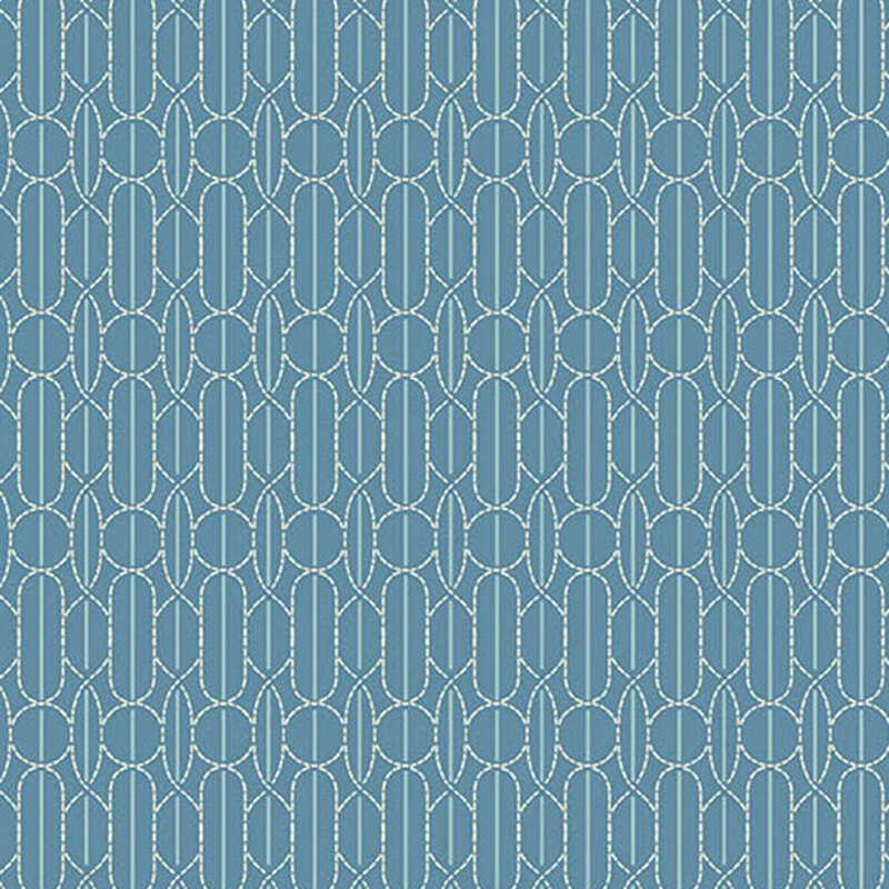 Repeating geometric pattern featuring light blue oval shapes on a deep blue fabric.