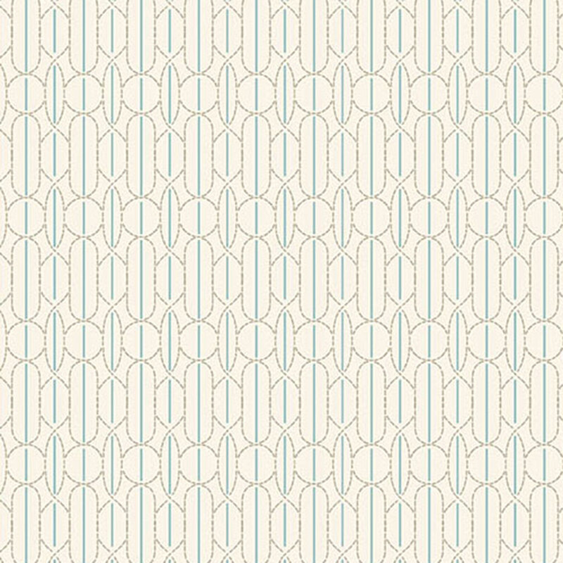 Repeating geometric pattern of elongated ovals and lines on a light beige fabric.