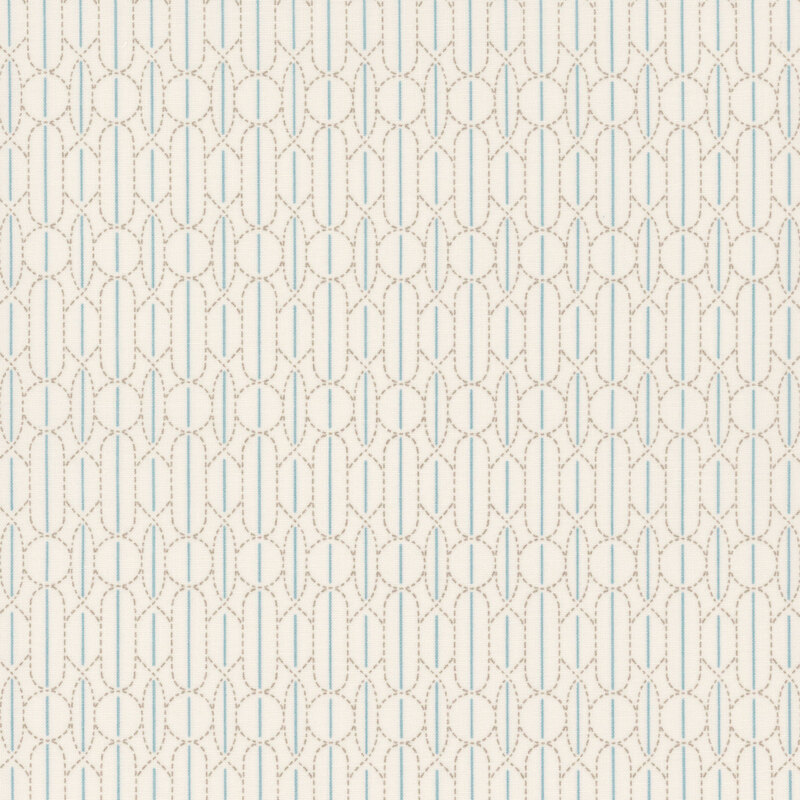 Repeating geometric pattern of elongated ovals and lines on a light beige fabric.
