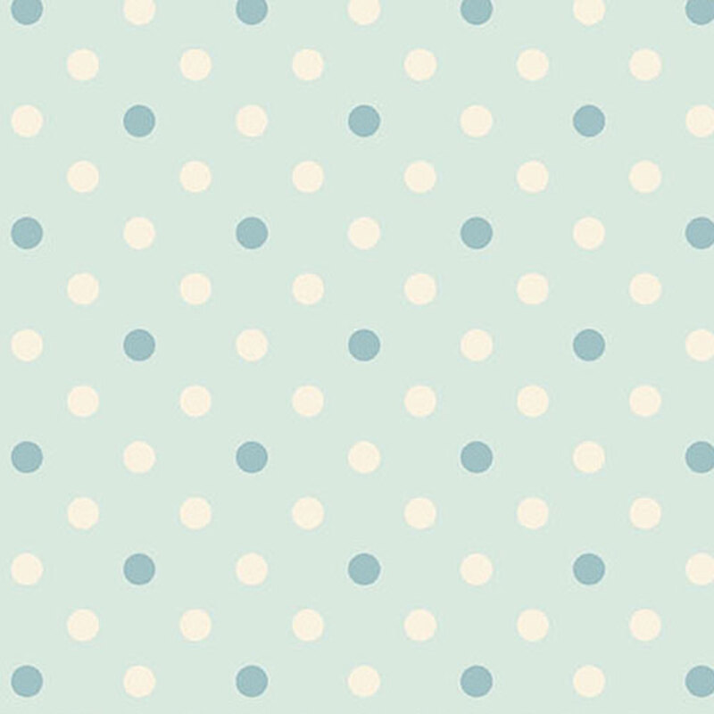 Light blue fabric with evenly spaced white and blue dots in a polka dot pattern.