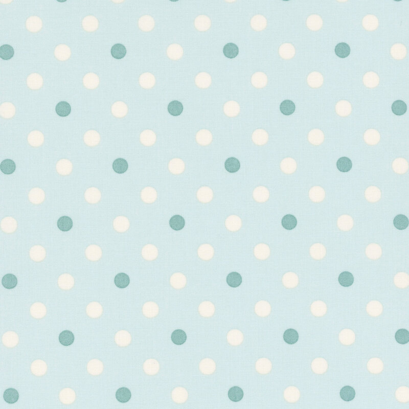 Light blue fabric with evenly spaced white and blue dots in a polka dot pattern.