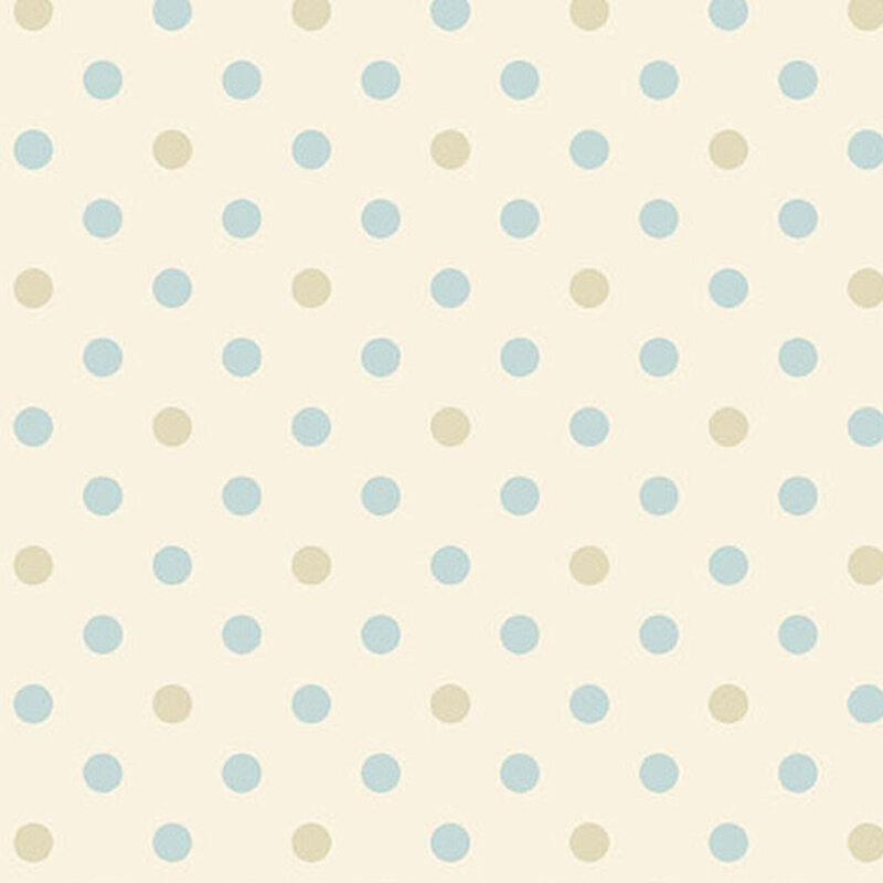 Light beige fabric with evenly spaced, pale blue and green polka dots.