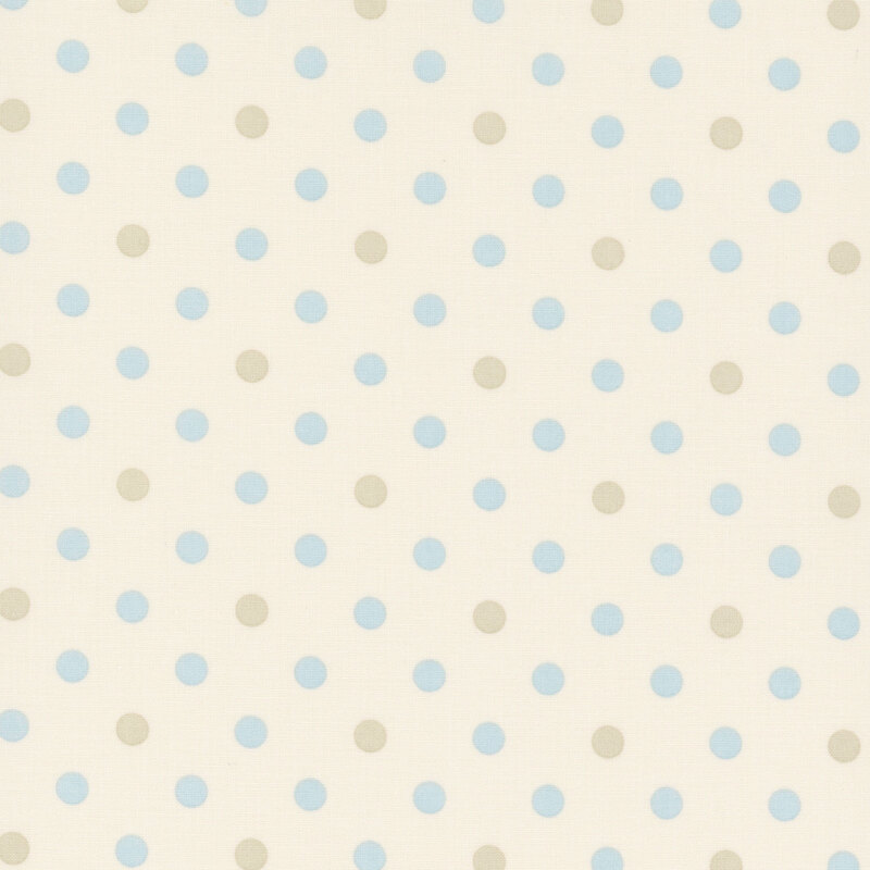 Light beige fabric with evenly spaced, pale blue and green polka dots.