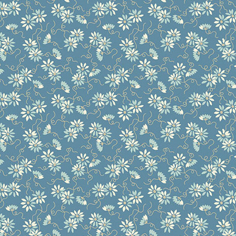 Repeating floral pattern on a blue fabric with white flowers.