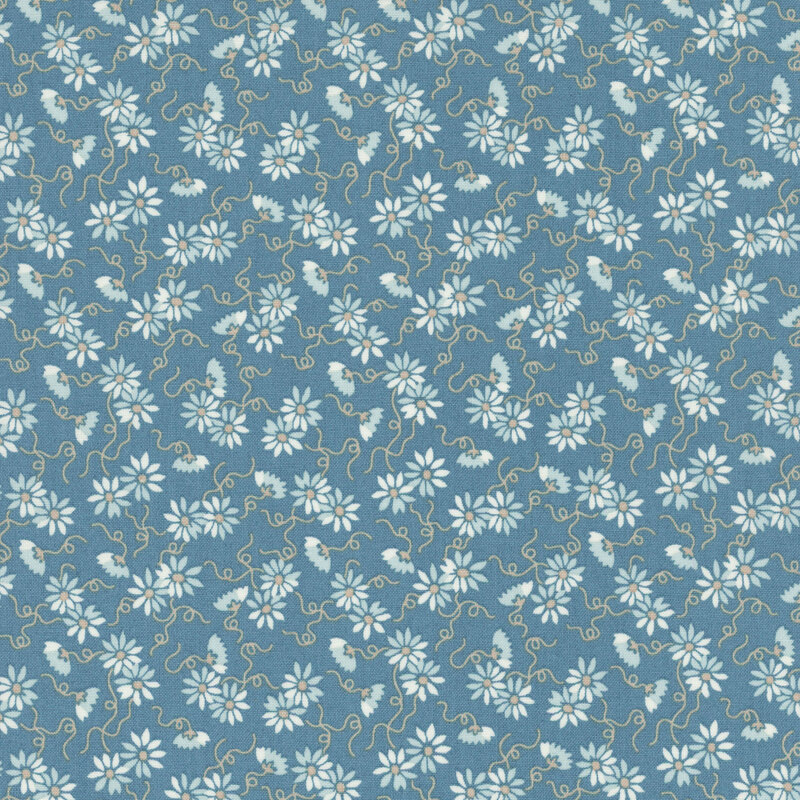 Repeating floral pattern on a blue fabric with white flowers.