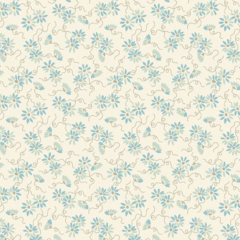 A seamless floral pattern featuring light blue flowers and swirling vines on a cream fabric.