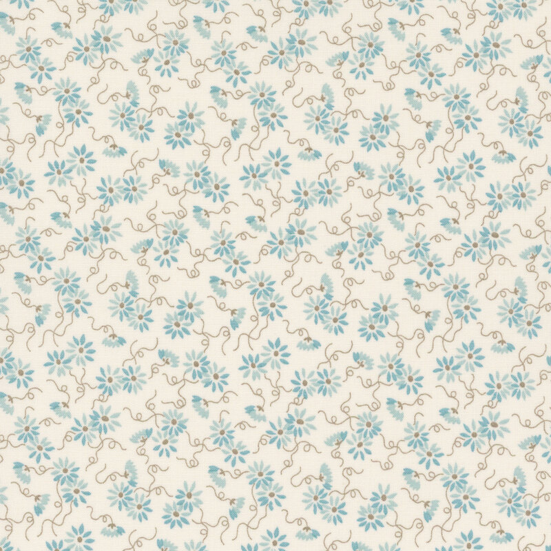 A seamless floral pattern featuring light blue flowers and swirling vines on a cream fabric.