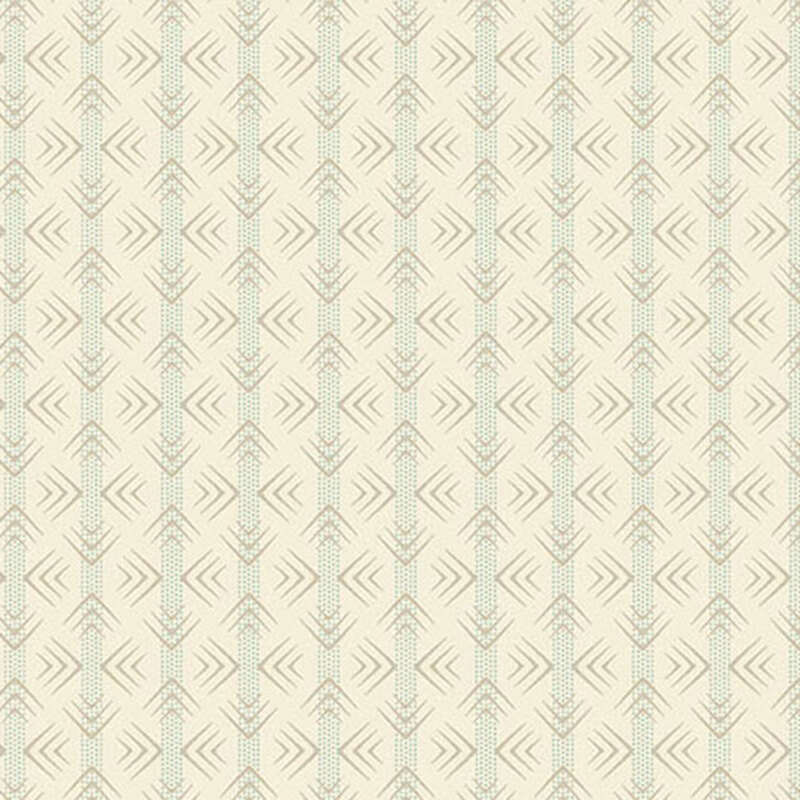 Repeating fabric pattern of arrows in soft colors on a light beige background.