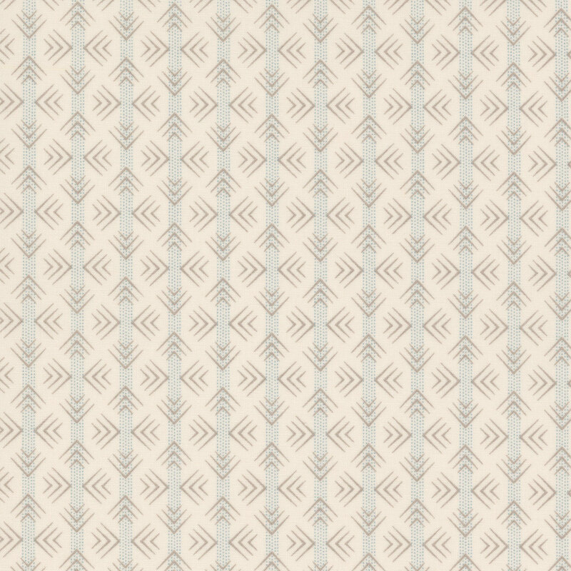 Repeating fabric pattern of arrows in soft colors on a light beige background.