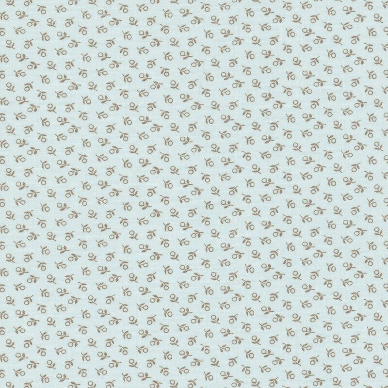 Light blue background with a repeated pattern of small brown shapes, resembling abstract flowers or motifs.