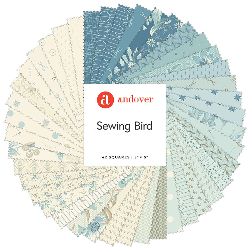 A circular arrangement of 42 fabric squares in blue and cream patterns labeled Sewing Bird.