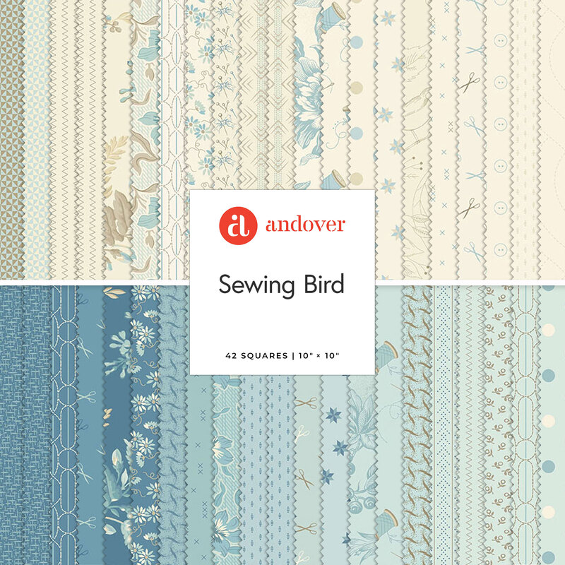 Fabric swatches in blue and cream featuring floral and geometric patterns with a label Sewing Bird.