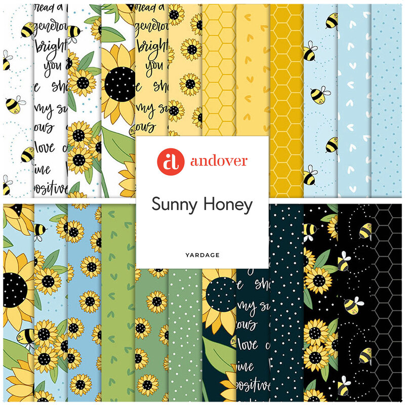 A colorful fabric design featuring sunflowers, bees, and inspirational text in various patterns.