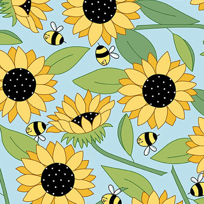 Colorful illustration of sunflowers and buzzing bees against a light blue fabric.