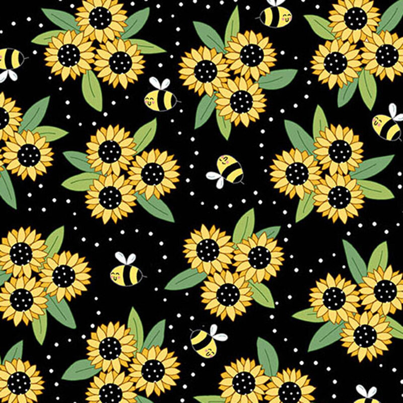 Fabric pattern of yellow sunflowers and buzzing bees on a black background, with green leaves and white dots.