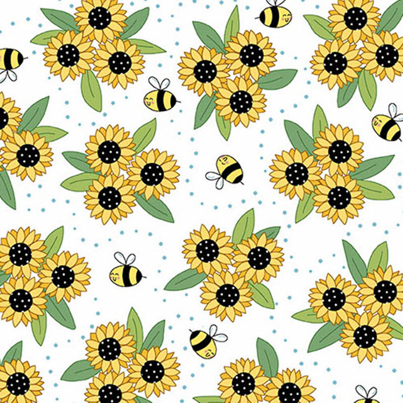 Pattern of yellow sunflowers with black centers and leaves, interspersed with cartoon bees on a white fabric.