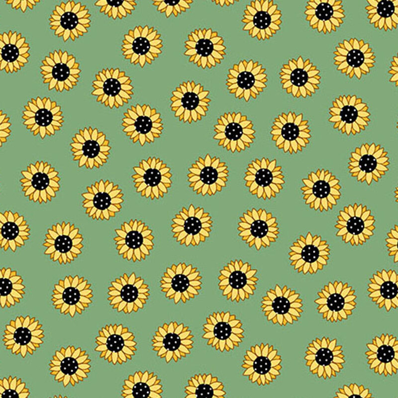 A repeating pattern of sunflowers with yellow petals and black centers on a green fabric.