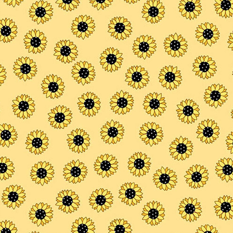 A repeating pattern of yellow sunflowers on a pale yellow fabric, featuring black centers.