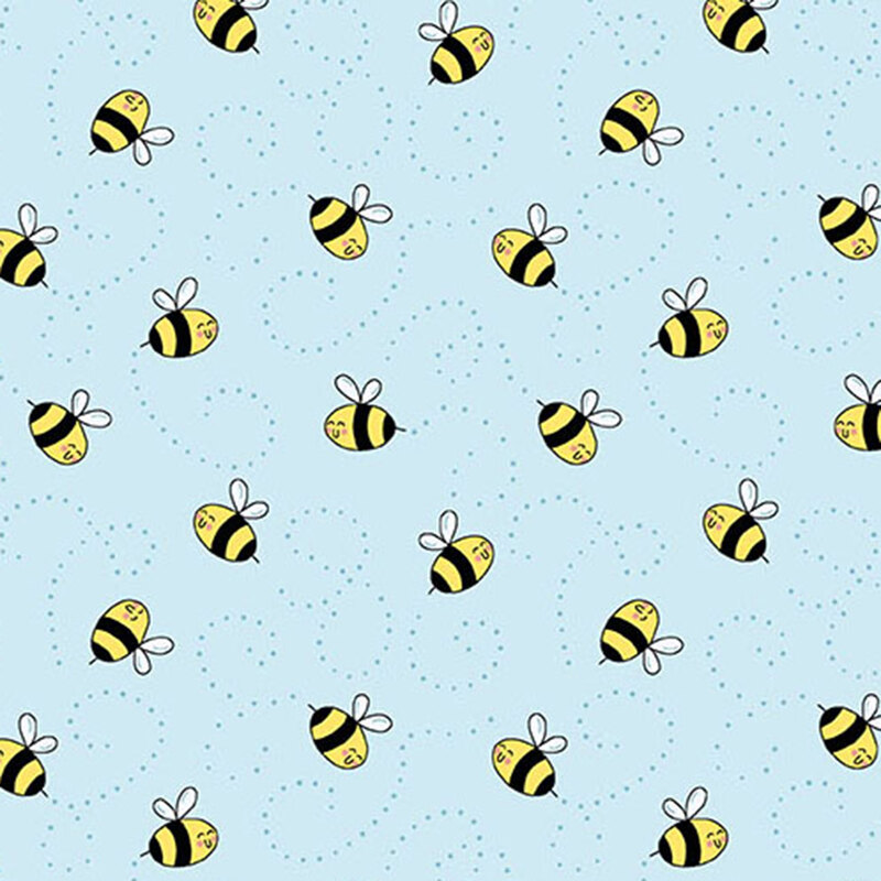 A light blue fabric featuring a repeating pattern of cartoon bees with black and yellow stripes.