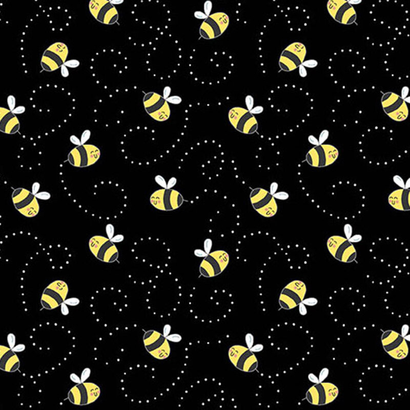 Pattern of yellow and black bees with white wings on a black fabric, featuring swirling flight paths.