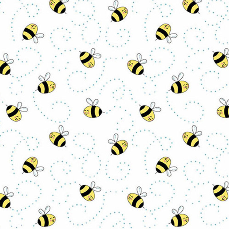 Pattern of cartoon bees with yellow and black stripes on a white fabric, connected by dotted lines.