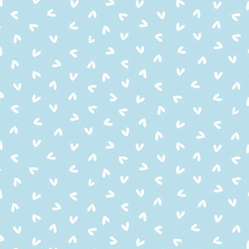 Light blue fabric with a repeating pattern of small white hearts.