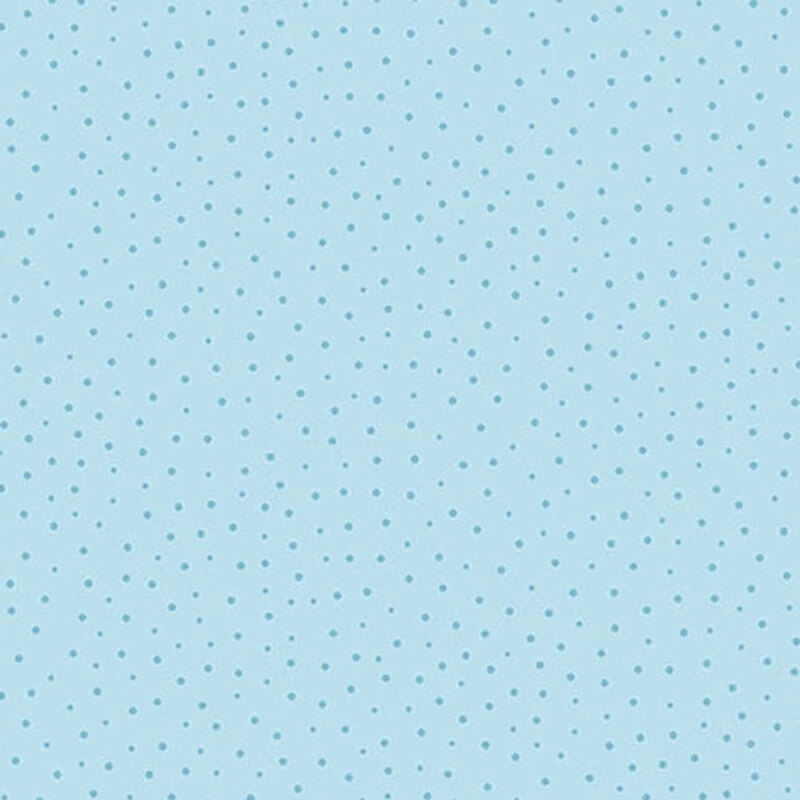 Light blue fabric with evenly spaced small tonal blue polka dots.