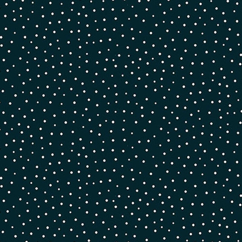 a black fabric with evenly spaced white polka dots throughout.