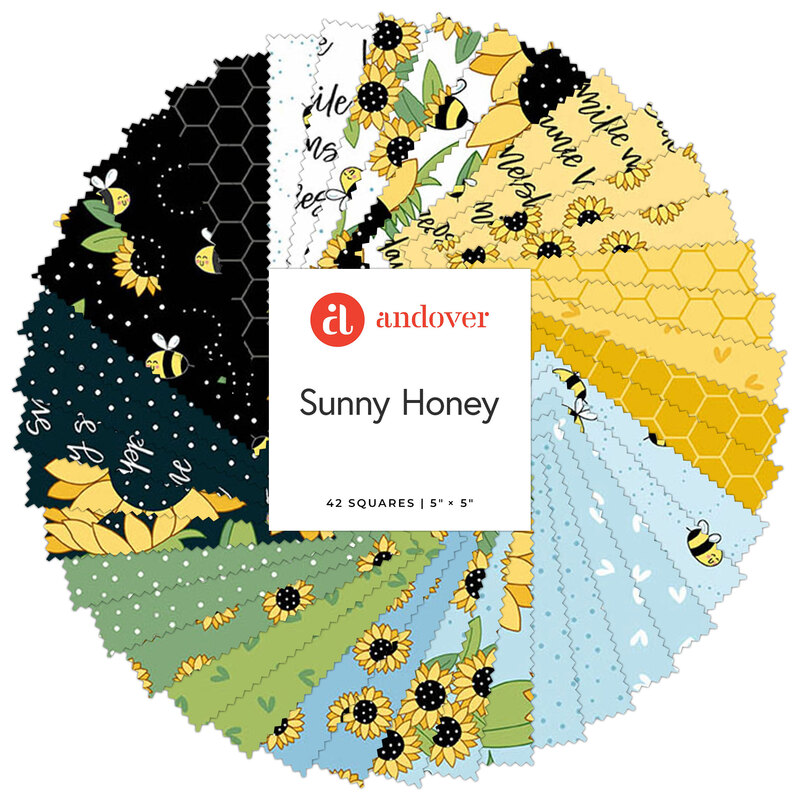 Colorful fabric squares featuring bee and sunflower patterns, with a central label reading Sunny Honey.