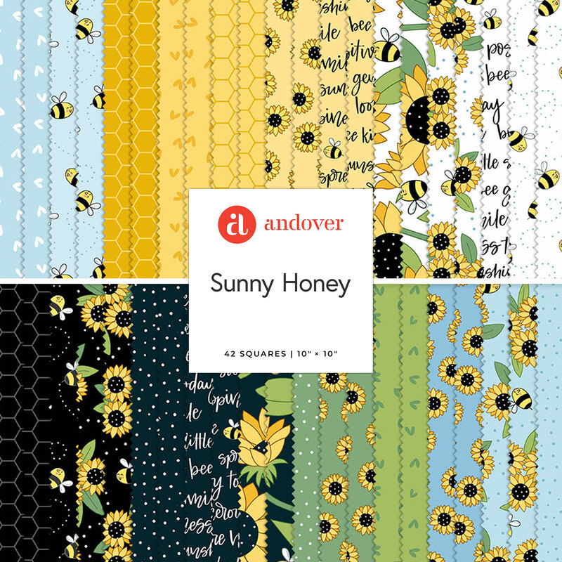 A quilt fabric design featuring 42 colorful squares, including bees, sunflowers, and honeycomb patterns.